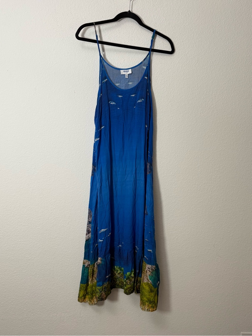 KOCH Blue Coastal Scenic Print Silk Blend Maxi Slip Dress Small Resort Boating